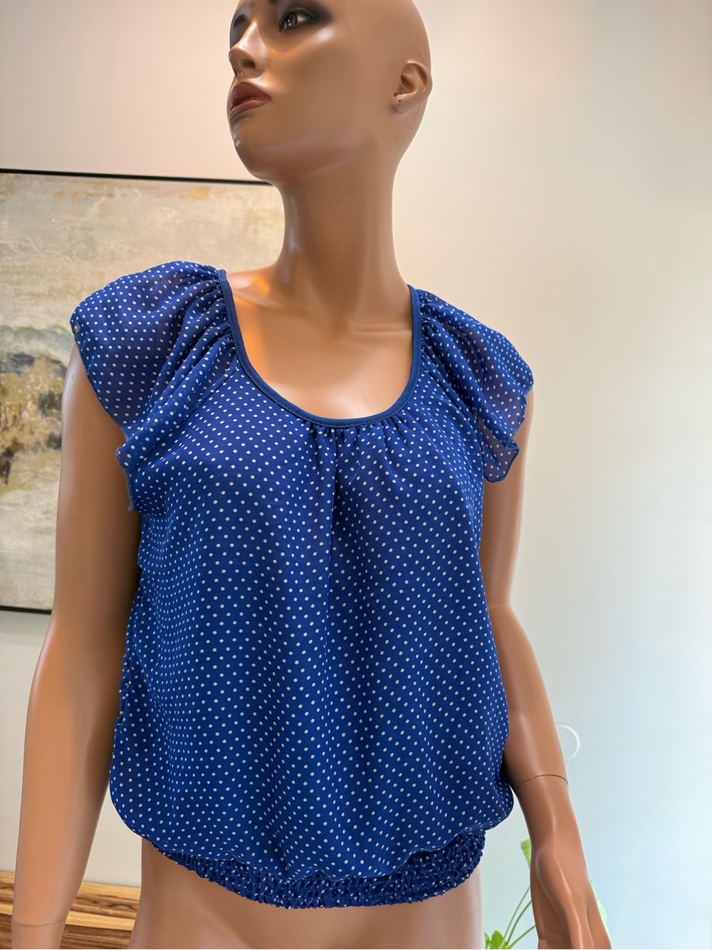 Blue and white polkadot top flutter, short sleeves, semi sheer back medium